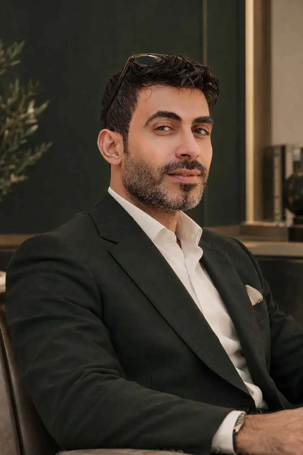 Portrait of Yahya Abu Najem seated, wearing a dark green jacket and white shirt
